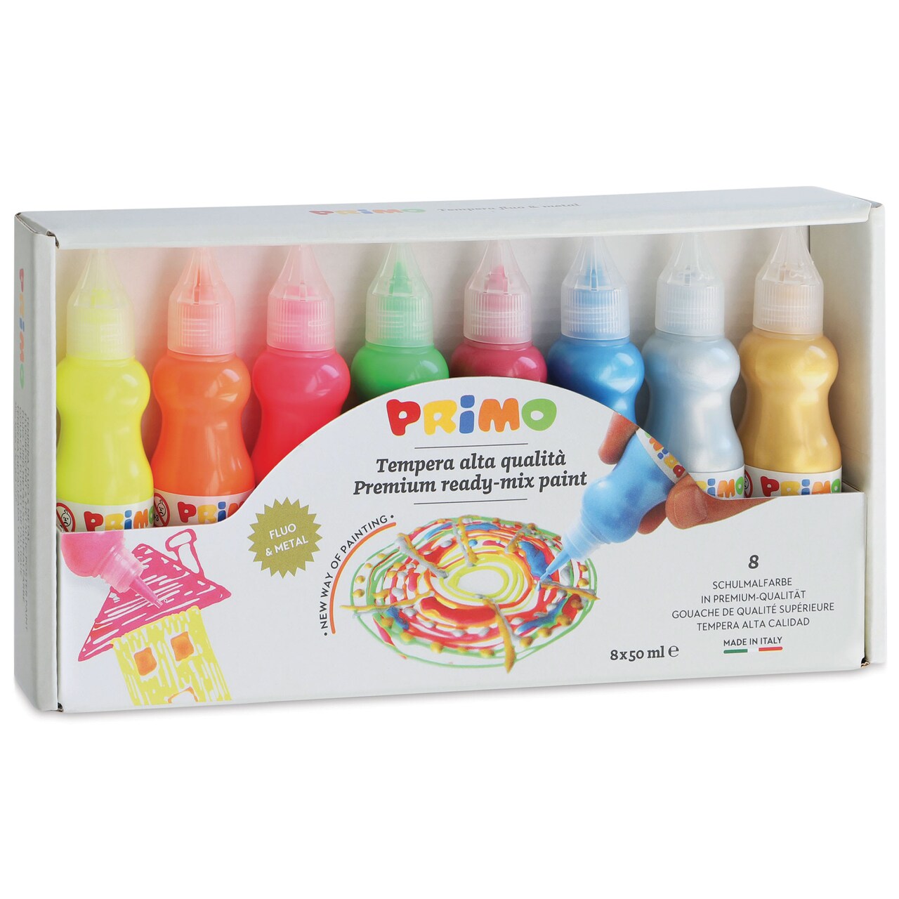 Primo Tempera Paints - Set of 8, Fluorescent and Metallic, 50 ml